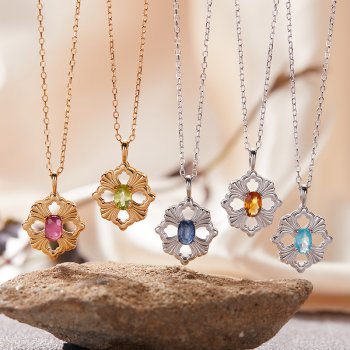 S925 Sterling Silver Natural Gemstone Necklace Vintage Brushed Metal Clavicle Chain